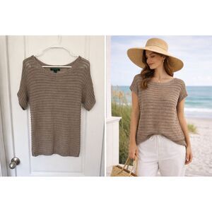 Lauren Ralph Lauren Open Knit Crochet Sweater Taupe Short Sleeve Boat Neck Small